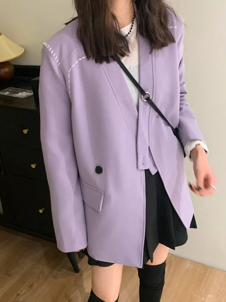 Streetwear Loose Purple Blazer Women Long Sleeve Casual Oversize Suit Coats Fashion Fall New Korean Female Design V Neck Outwear voguable
