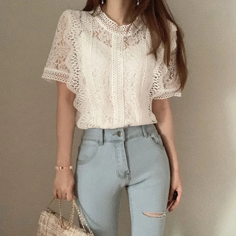 Voguable  Elegant Hollow Out Lace Shirt Woman Summer Sheer O-Neck Short Sleeve T-shirt Women Loose Crochet Flower Sun Shirts Ladies Tops voguable