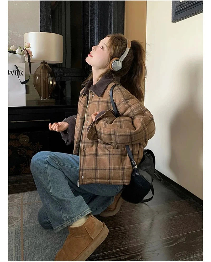Warm Vintage Plaid Parkas Women Loose Long Sleeve Winter Thick Cotton Coat Korean Casual Pockets Cute Sweet Jacket Tops New voguable