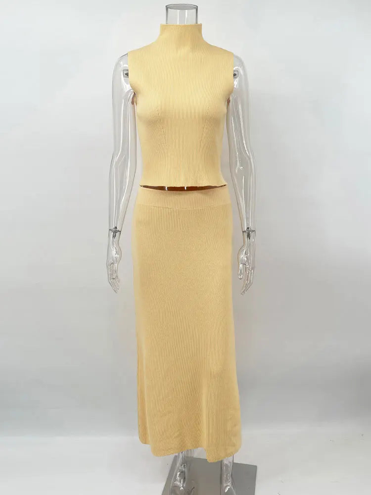 Elegant Knitwear 2 Piece-Set Long Dress Female Ribbed Sweater Pullover And Loose Patchwork Maxi Skirt Sets Ladies Outfits voguable