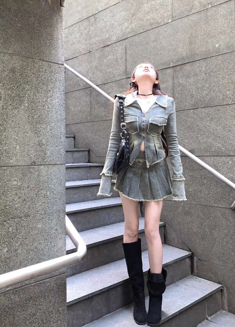 Voguable Autumn New Streetwear Distressed Washed Casual Long-sleeved Jacket Women + High Waist Pleated Denim Skirt Two-piece Suit voguable