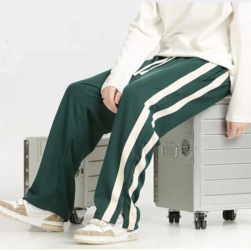 Men's Striped Slit Pants Spring Autumn Straight Wide Leg Trousers High Street Loose Casual Trousers Fashion Men Clothing