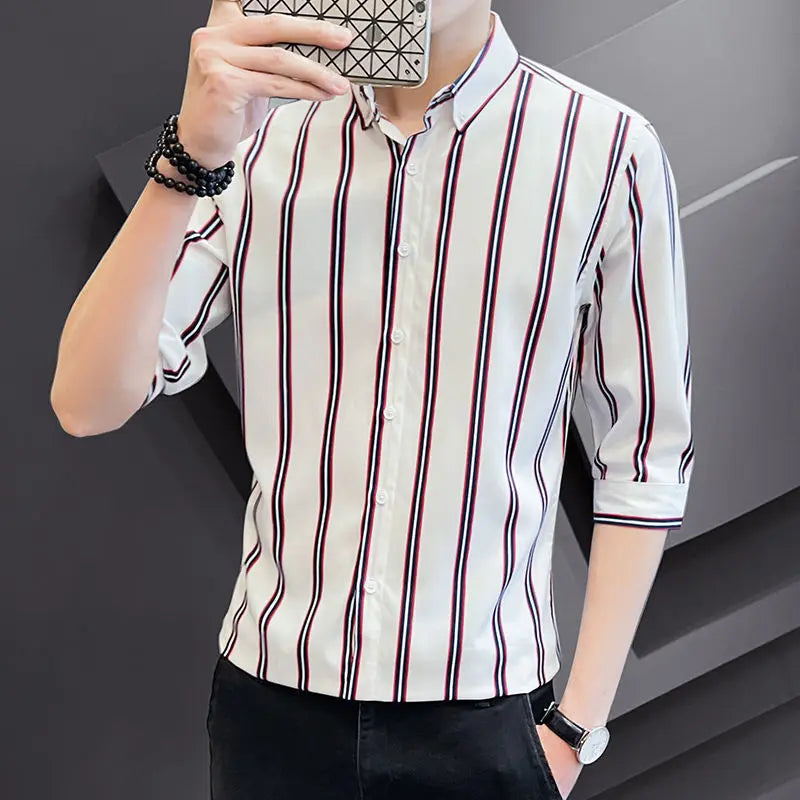 Voguable  Summer Men's Striped Seven Quarter Sleeve Shirt Youth Fashion Korean Version Slim Fit Five Quarter Sleeve Shirt voguable