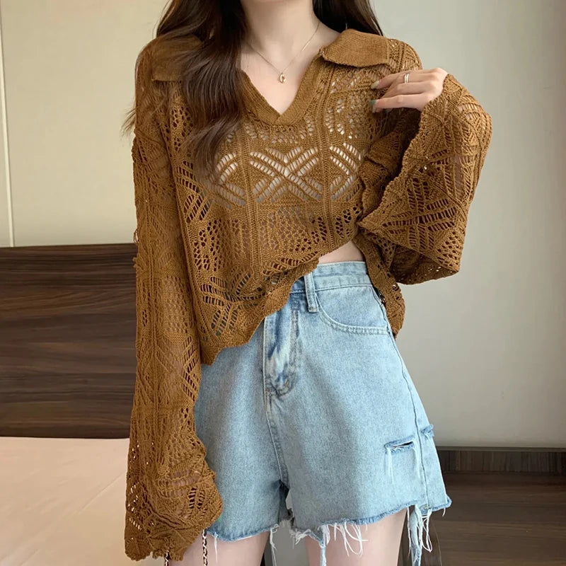 Sexy Hollow Out V Neck T Shirt Women Y2K Summer Thin Sweet Flare Sleeves Lapel Pullover Korean Solid All Match Loose Crop Tees voguable