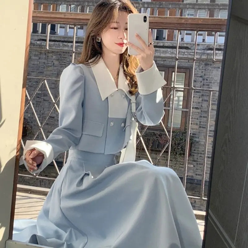 Voguable  Autumn Elegant 2 Piece Dress Set Women Slim Vintage Party Office Lady Korean Suit Long Sleeve Crop Tops + Casual Midi Skirt voguable