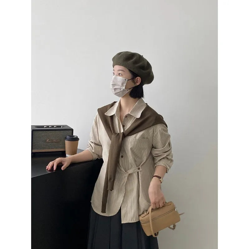 Voguable Vintage Striped Long Sleeve Shirt Woman Oversized Button Up Blouses Japanese Style Harajuku Fashion Spring Casual 2024 voguable