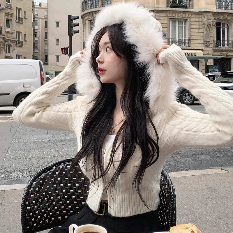 Voguable Furry Hooded Sweaters Coat Autumn Winter Women Casual Hoodie Y2K Zipper Cropped Sweater Jacket Korean Female Knitwear voguable