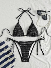 Voguable  Sexy Black Polka Dot Print Micro Bikini Women Shell Pleate Push Up Bra Tie Side Thong Swimsuit Beach Bathing Suit Swimwear voguable