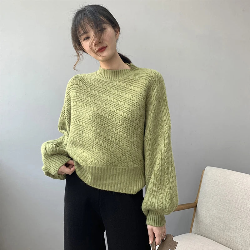 Fall Winter Thick Half Turtleneck Women Pullover Fashion Warm Lantern Sleeve Knitted Sweater Korean Loose Pure All-Match Jumper voguable