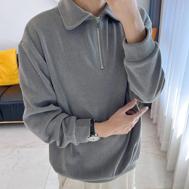 Voguable  Fall Winter Zipper Long Sleeve Men Polo Sweatshirts Casual Fashion Harajuku Oversized Pullovers Punk Streetwear Black White Gray voguable