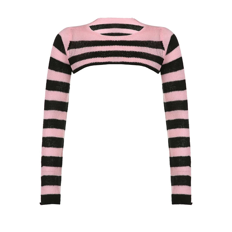 Voguable y2k Pink And Black Contrast Color Super-short Sweater Pullovers Dark Academia Cute Knitted Smock Tops Kawaii Jumper New voguable
