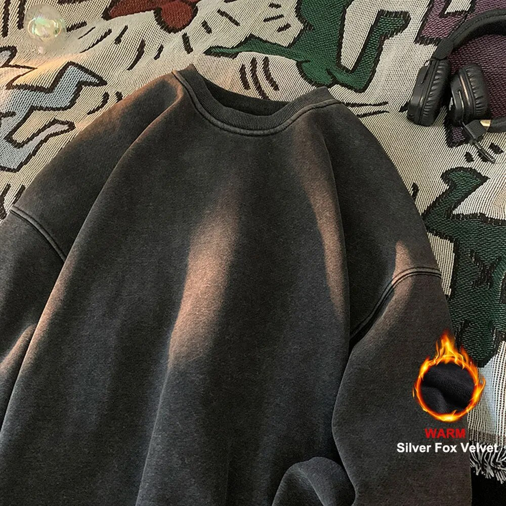 American Washed Old Pullovers Sweatshirts Men Loose Solid Color Autumn Large Size Warm O Neck Tops Hip Hop Y2k Sweatshirt voguable