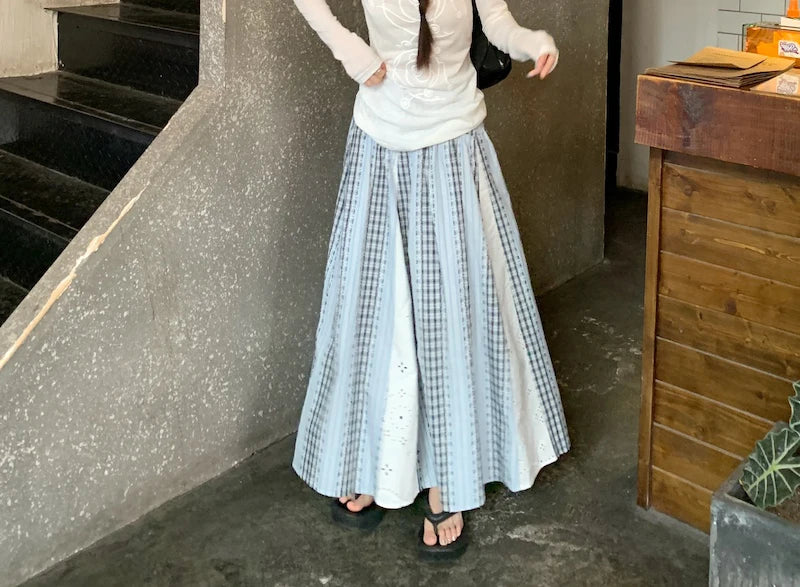 Sweet Lace Patchwork Long Skirts Women Korean Loose High Waist Skirt Casual Design Striped Plaid Elegant Female Skirts New voguable