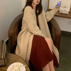 Voguable  Korean Medium Length Pink Retro Loose Fit Knit Cardigan Autumn Winter Casual Fried Dough Twists Thick Lazy Style Sweater Coat voguable