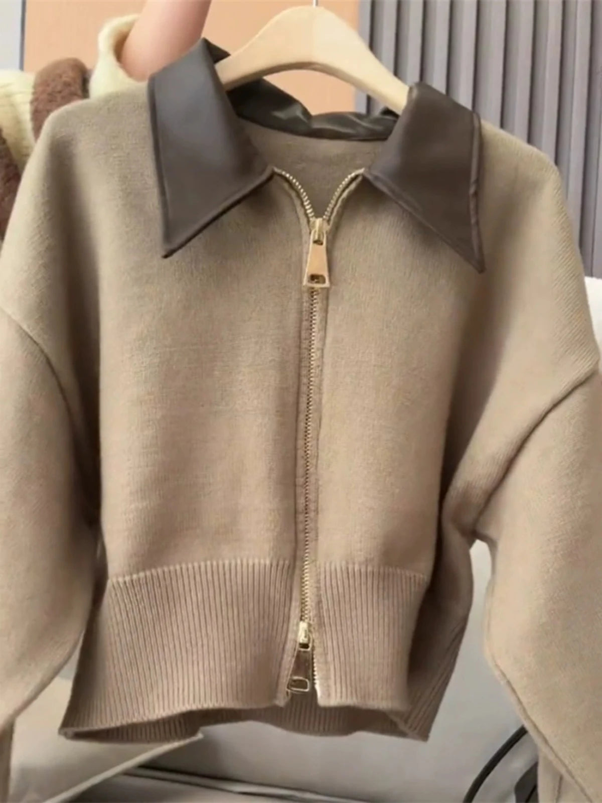 Spliced Leather Collar Knit Sweater Fashion Double Zipper Cardigan Women's Autumn/Winter New Soft Vintage Long Sleeve Streetwear voguable