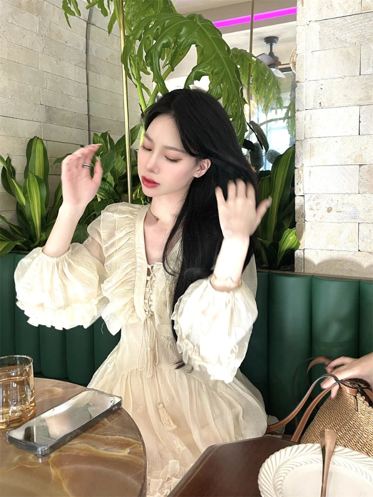 Voguable Autumn Fairy Pure Color Mini Dress Woman Casual Long Sleeve Elegant Dress Korean Fashion Short Party Dress Chic Design voguable
