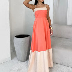 Voguable  Ladies Fashion Spaghetti Strap U Neck Patchwork Ruched Hem Maxi Party Evening Dress Summer Backless Skinny Outfits Streetwear voguable