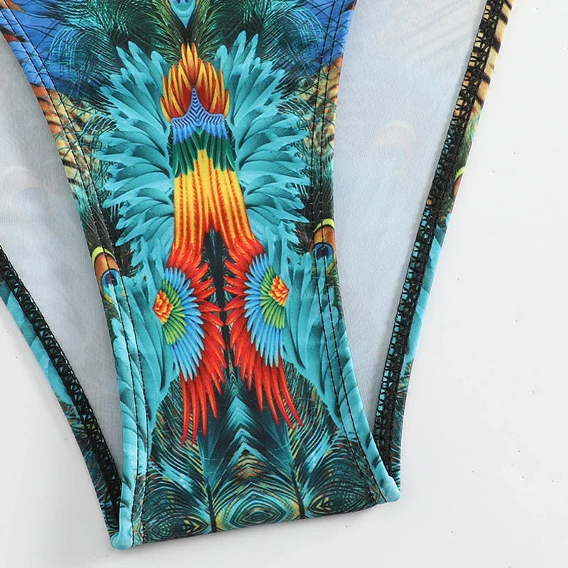 Voguable  Green Peacock Print 2-piece Bikini for Women,Summer New,rhinestone Low Waist Thong Swimsuit,underwire V-neck Bathing Suit voguable