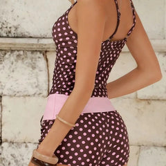 Voguable  Women Pink Polka Dot 2 Piece Tankini Bikinis Set V Neck Sleeveless Side Ruched Top Drawstring Waist Boyshort Swim Beach Swimwear voguable