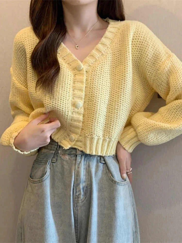 Sexy Cropped Sweet Cardigan Women V Neck Vintage Slim Long Sleeve Knitted Sweaters Korean Causal Simple Solid Lady Fall Tops New voguable
