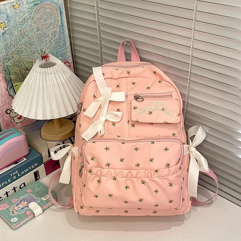 Korean Bow Chic Flower Print Backpack High-capacity Sweet Kawaii Fashion Schoolbags Casual Preppy Y2k Women Students Backpacks voguable