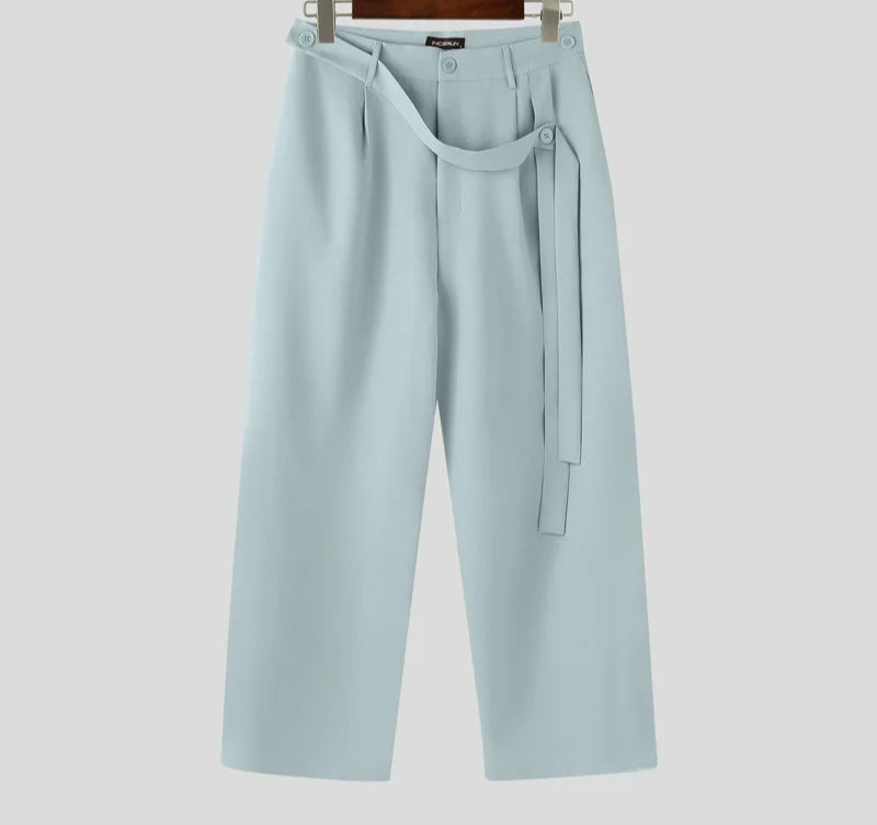 Summer Spring Men Casual Pants Solid Color Belt Wide Leg Pant Long Trousers Men's Clothing Streetwear Oversize S-5XL voguable