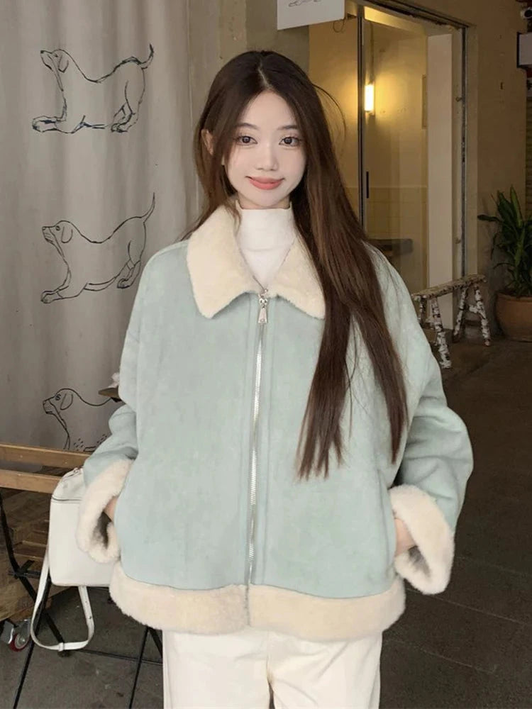 Faux Suede Lamb Jackets Women Winter Warm Thick Sweet Cute Short Coat Korean Vintage Loose Long Sleeve Preppy Style Tops voguable