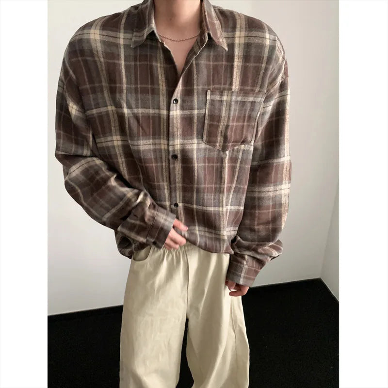 Autumn Long Sleeved Shirt Men Fashion Retro Plaid Shirt Men Japanese Streetwear Loose Brown Casual Shirts Mens Large Size 4XL voguable