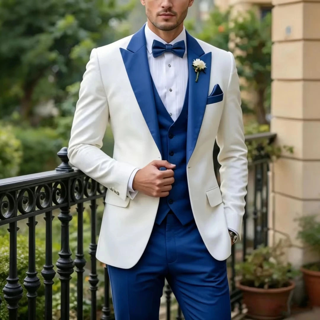 Voguable  Men Suit White 3 Pieces Single Button With Lapel For Wedding Birthday Banquet Party Business Work Office Jacket Vest Pant voguable