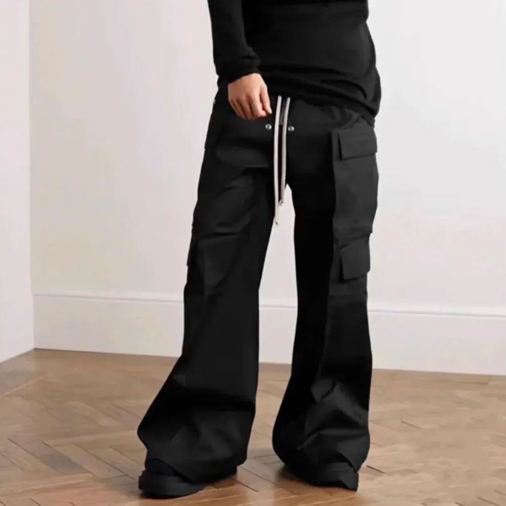 Style Wide Leg Drawstring Black Cargo Pants Unisex Straight Baggy Casual Overalls Men's Streetwear Loose Oversized Trousers