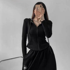 Fall Fashion Crop Hooded Cardigan Women Y2K Korean Slim Solid Zipper Long Sleeve Coats Harajuku Streetwear Sports Cardigan Tops voguable