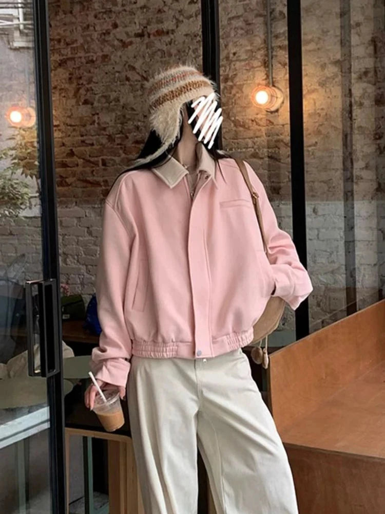 Pink Faux Suede Jacket Women Sweet Long Sleeve Vintage Streetwear Baseball Coat Fall Casual Retro American Y2K Lady Outwear voguable
