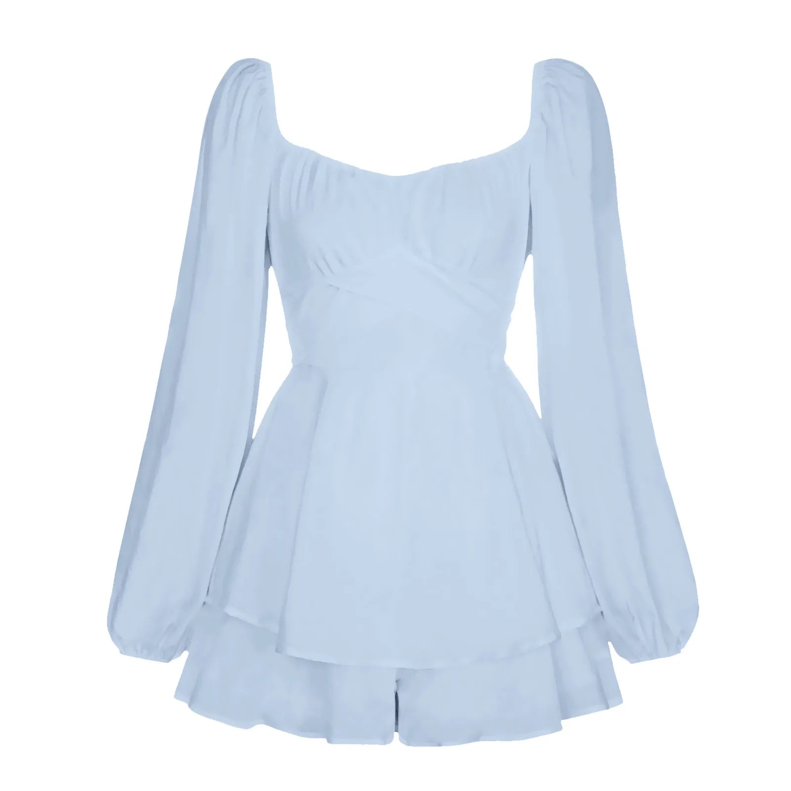 Women's Autumn Ruffled Dresses White Mini Dresses Square Neck Lantern Sleeve Long Sleeve Flounced Edge Casual Dress Female