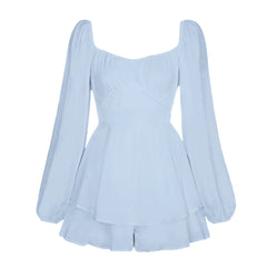 Women's Autumn Ruffled Dresses White Mini Dresses Square Neck Lantern Sleeve Long Sleeve Flounced Edge Casual Dress Female