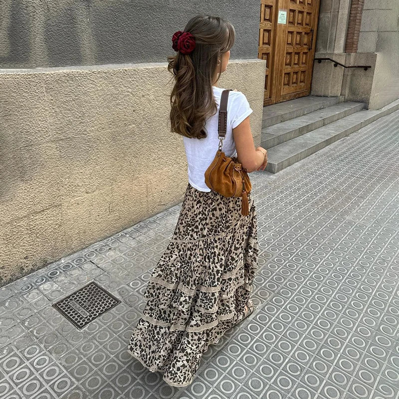 TARUXY Summer New Leopard Printed Maxi Skirt Women's Ruffled Patchwork Fashion Loose High Waist Bandage Female Club Party Skirt voguable