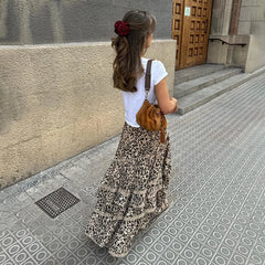 TARUXY Summer New Leopard Printed Maxi Skirt Women's Ruffled Patchwork Fashion Loose High Waist Bandage Female Club Party Skirt voguable