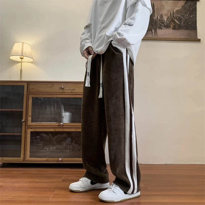 Loose Coffee Corduroy Pants Men Women Drawstring Striped Wide Leg Pants Autumn Casual Easy Care Anti-wrinkle Mopping Trousers gotmes-shop