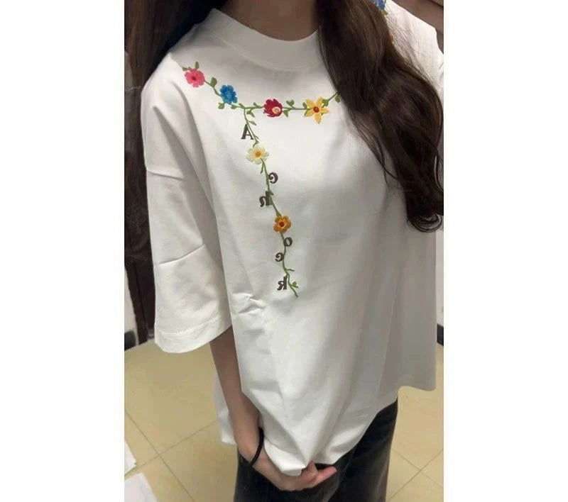 100% Cotton White Embroidered Flowers Short Sleeve for Women Casual Men O-Neck Streetwear Tees oversize Pullover Unisex T-Shirts voguable