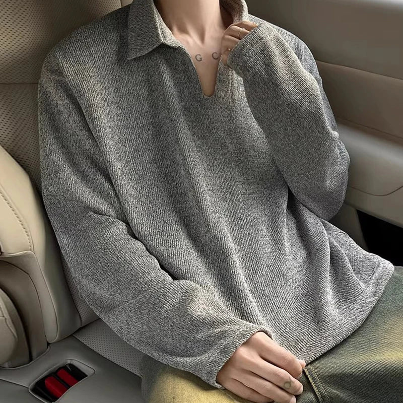 New American Retro Men Polo Shirt Luxury Knitted Solid Color V Neck Long Sleeve T-shirt Casual Premium Quality Textured Knitwear voguable