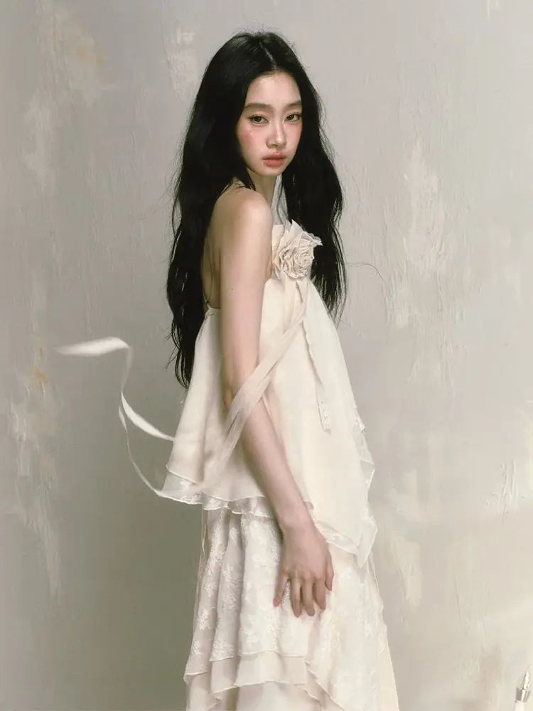 Voguable  2024 Summer French Vintage Midi Dress Women Y2k Lace Patchwork Elegant Beach Style Strap Dress Female Korea Fashion Chic Clothes voguable