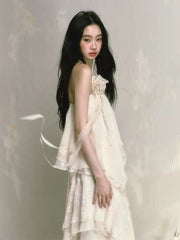 Voguable  2024 Summer French Vintage Midi Dress Women Y2k Lace Patchwork Elegant Beach Style Strap Dress Female Korea Fashion Chic Clothes voguable