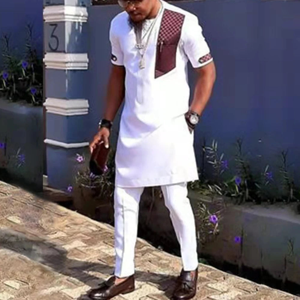 Voguabl 2024 Summer Short Sleeve Tops Pockets Pants Single Breasted Tuxedo 2PCS Men's SetsAfrican Ethnic Casual Kaunda Suit Wedding Wear voguable
