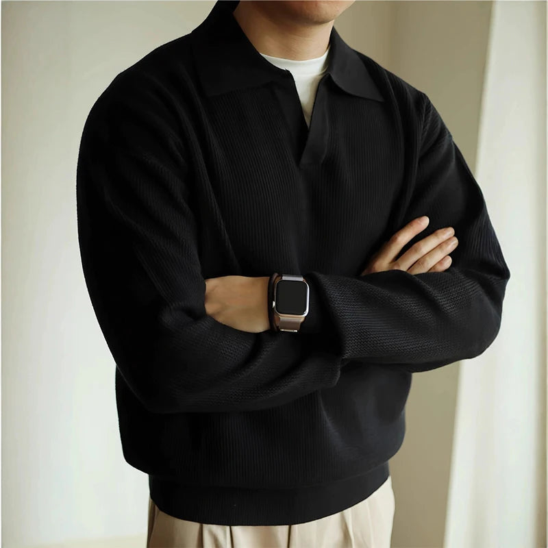 New American Chic Men Polo Sweater Luxury Trendy Business V Neck Knit Solid Color Pullover Leisure Slim-fit Long Sleeve Knitwear voguable