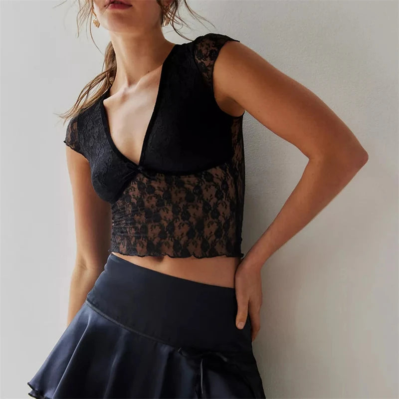 Sheer Crop Top 2000s Women Sexy See Through V Neck Sleeveless Floral Lace Tanks Slim Fit Vest y2k Aesthetic Clothing voguable