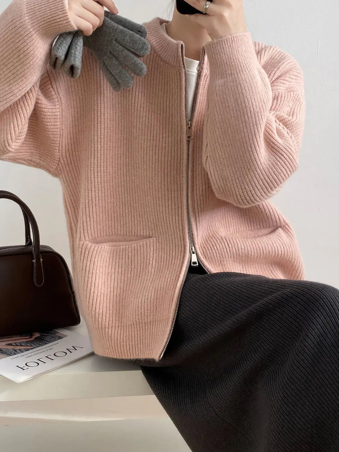 Sweater Cardigan Women Autumn Double Zipper Casual Korean Knitwear Coat Solid Color Loose Soft Long Sleeve Jackets Outerwear voguable