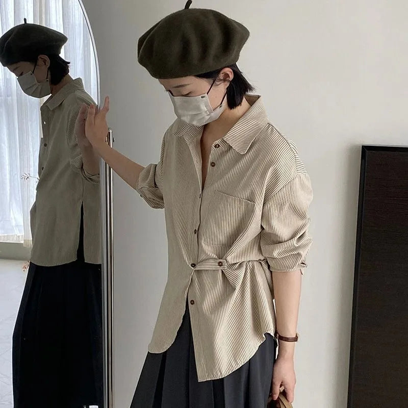 Voguable Vintage Striped Long Sleeve Shirt Woman Oversized Button Up Blouses Japanese Style Harajuku Fashion Spring Casual 2024 voguable