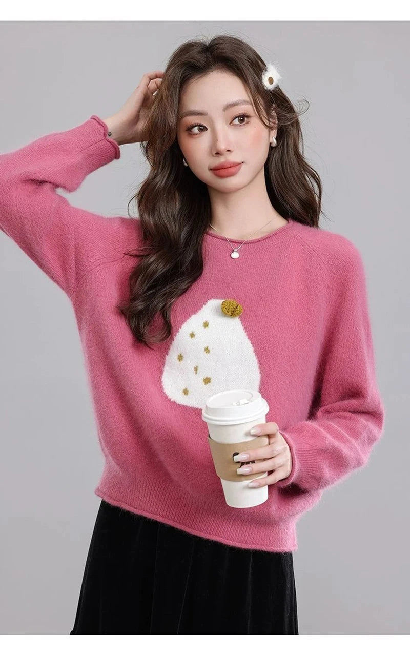 Chic Print Sweet Sweaters Women Casual Preppy Style Cute O Neck Pullover Loose Long Sleeve Fashion Fall Winter Korean Jumper New voguable