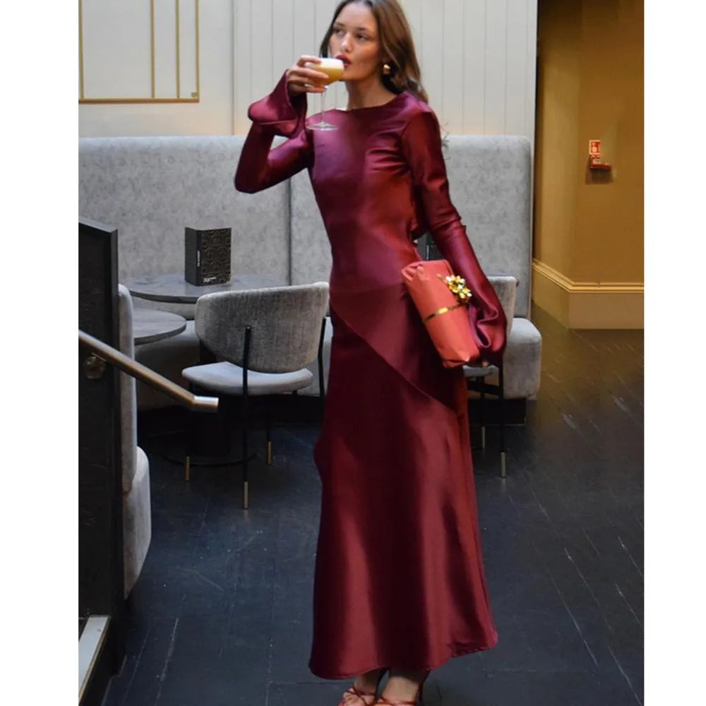 Elegant Christmas Evening Dress Women Long Sleeve Dress Bodycon Max Female Vestidos High Grade Satin Party Club Clothing voguable