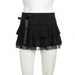 Voguable  Dark Academia Lace A-line Mini Skirt Black Low Waisted Bow Stitching Short Skirts Y2K Gothic Cute Bottoms Streetwear voguable