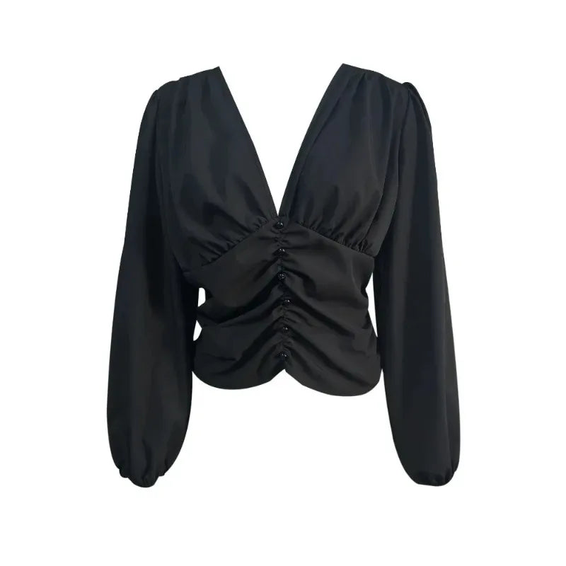 Voguable  Fashion Sexy Black Deep V Slim Fit Casual Long Sleeved Shirt Spring and Autumn Streetwear Waist Cinching Women's Short Tops voguable
